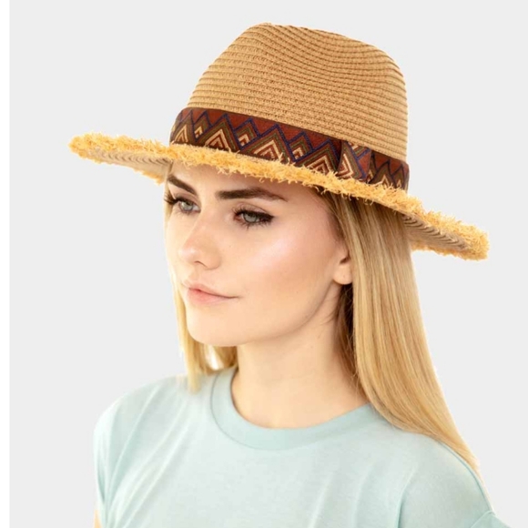 Accessories | Frayed Trim Aztec Straw Hat | Poshmark display picture 1